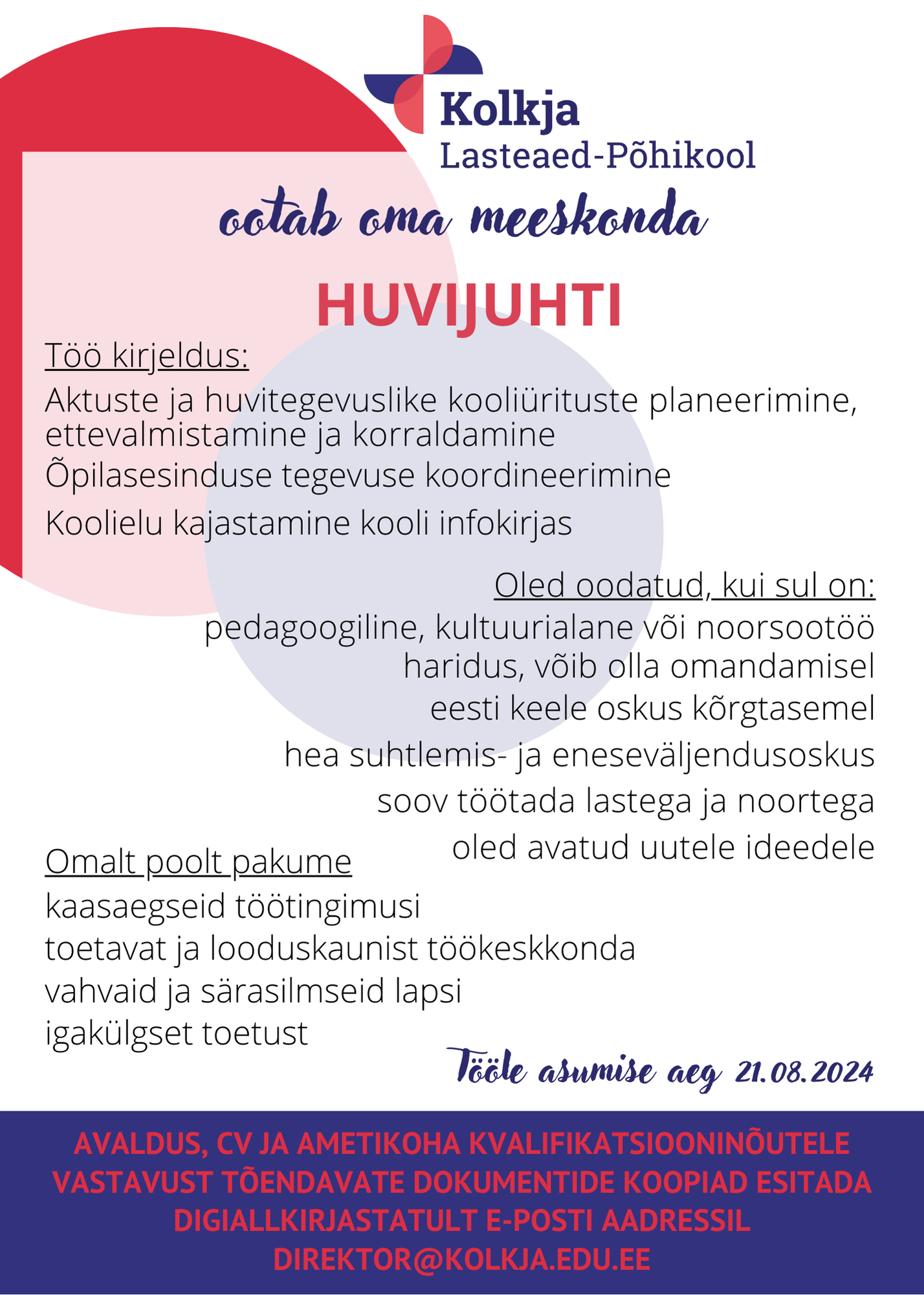 Kolkja Lasteaed-Põhikool otsib oma meeskonda HUVIJUHTI